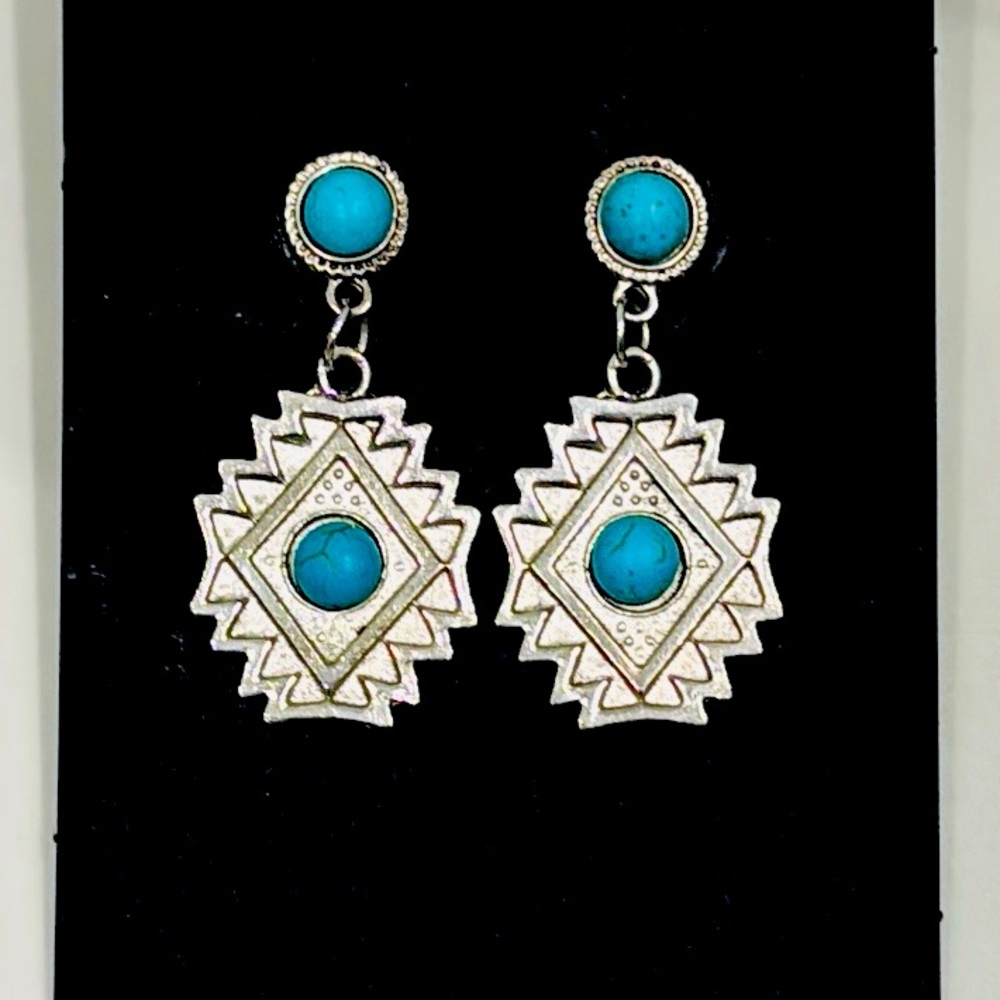 Silver and Faux Turquoise Geometric Drop Earrings